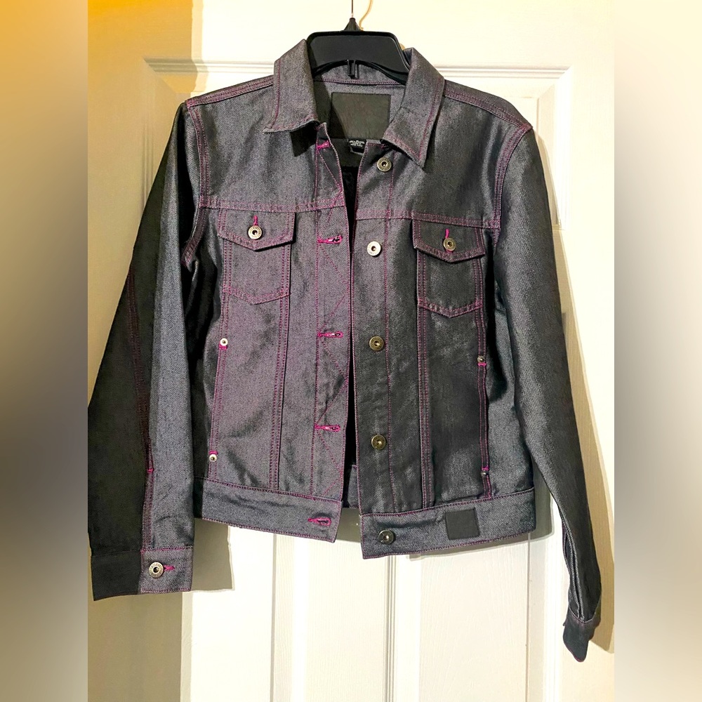 Vintage Guess Grey Denim Pink Stitching Jean Jacket Medium